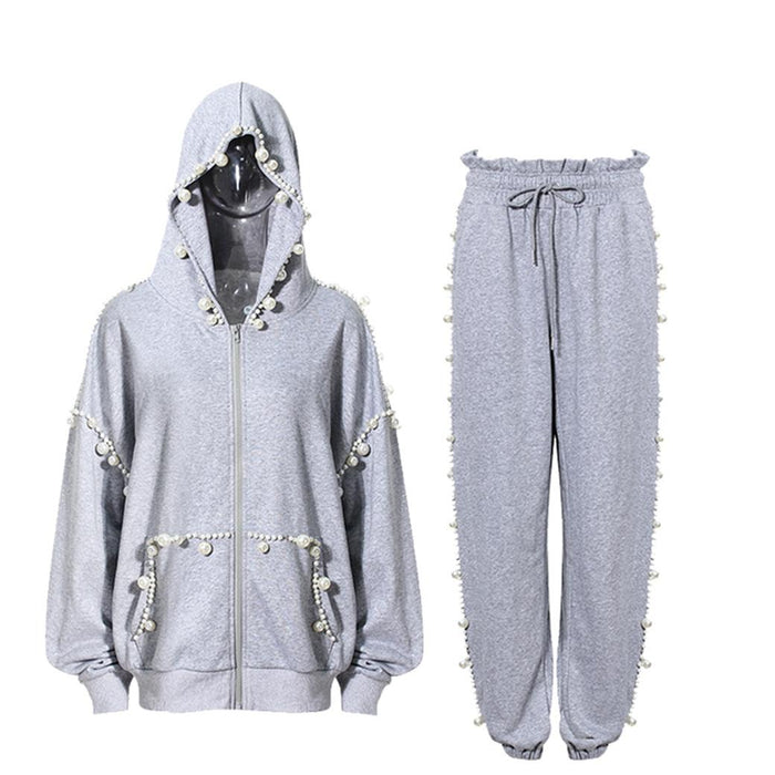 Gray Hooded Sweater Women Spring Autumn Niche Loose Lazy Long Sleeve Top Pearl Set-Fancey Boutique