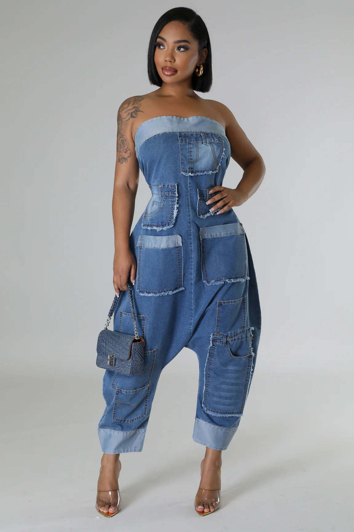 Denim Cargo Pants Multi Pocket Stitching Washed Loose Sleeveless Jumpsuit-Fancey Boutique