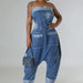 Denim Cargo Pants Multi Pocket Stitching Washed Loose Sleeveless Jumpsuit-Fancey Boutique