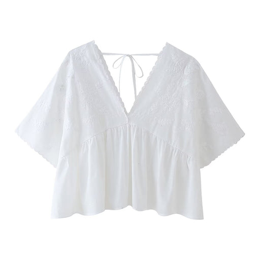 Summer Women Clothing Simple V neck Embroidery Short Top-White-Fancey Boutique