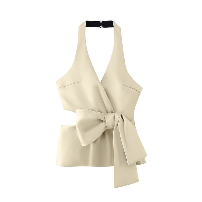 Summer Women Clothing V neck Halter Double Breasted Bowknot Decoration Vest Top-Cream-Fancey Boutique