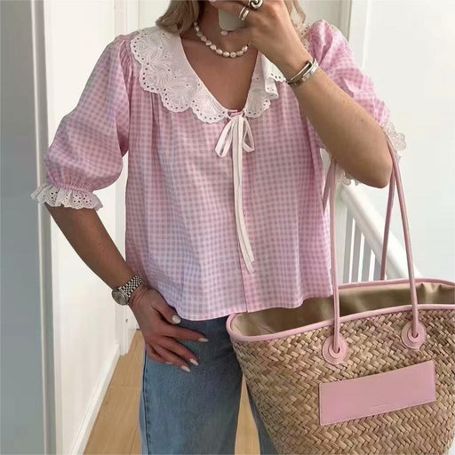 Contrast Color Doll Collar Plaid Shirt Women Summer Loose Slimming Shirt Puff Sleeve Short Sleeve Top-Fancey Boutique