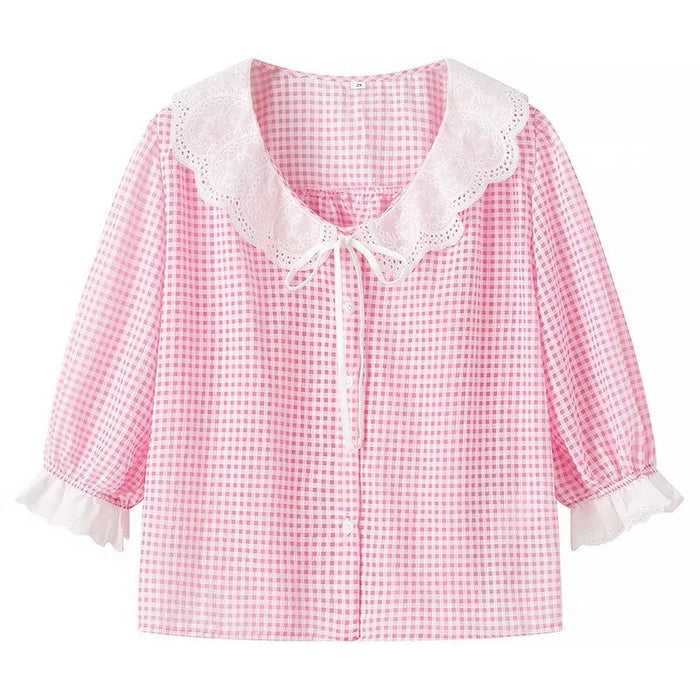 Contrast Color Doll Collar Plaid Shirt Women Summer Loose Slimming Shirt Puff Sleeve Short Sleeve Top-Fancey Boutique
