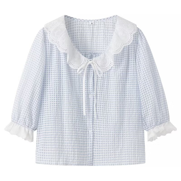 Contrast Color Doll Collar Plaid Shirt Women Summer Loose Slimming Shirt Puff Sleeve Short Sleeve Top-Fancey Boutique