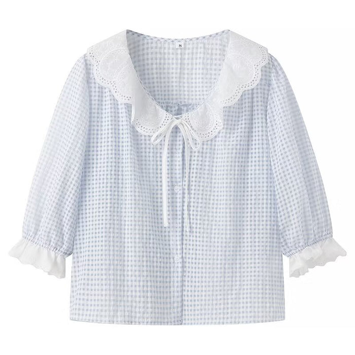 Contrast Color Doll Collar Plaid Shirt Women Summer Loose Slimming Shirt Puff Sleeve Short Sleeve Top-Blue-Fancey Boutique