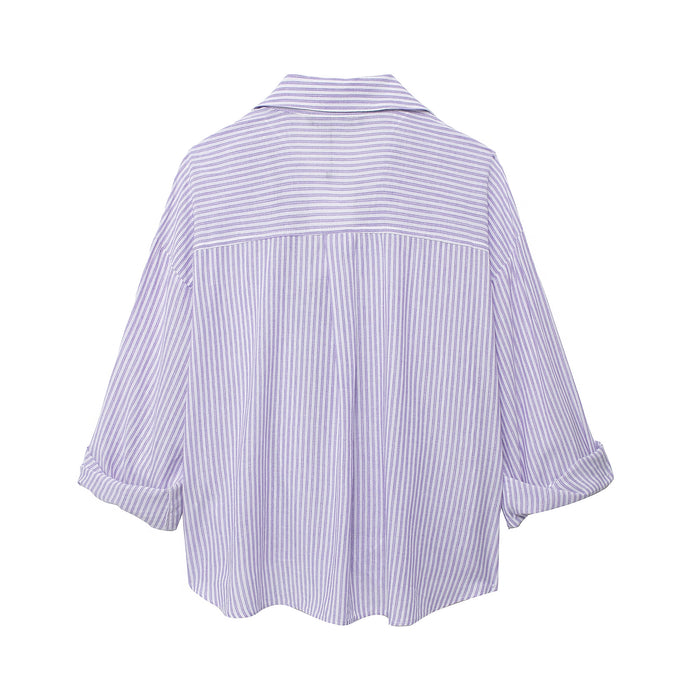 Spring Street Casual Loose Linen Blended Short Striped Shirt-Fancey Boutique