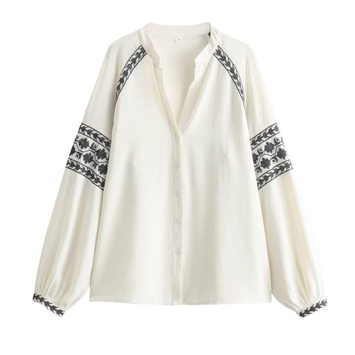 Women Street Color Contrast Embroidered Long Sleeved Shirt-White-Fancey Boutique
