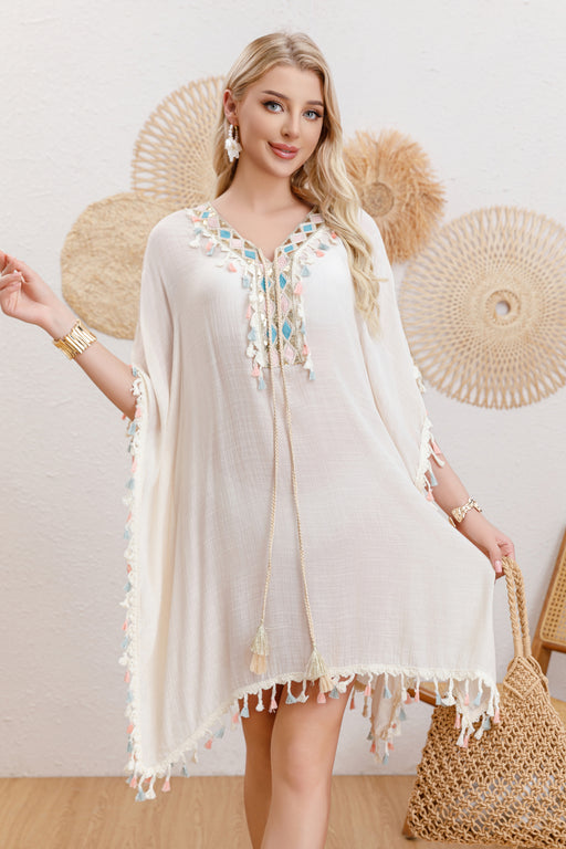 Cotton Long Sleeved Sunscreen Beach Cover Up Sexy Women Beach Dress-White-Fancey Boutique