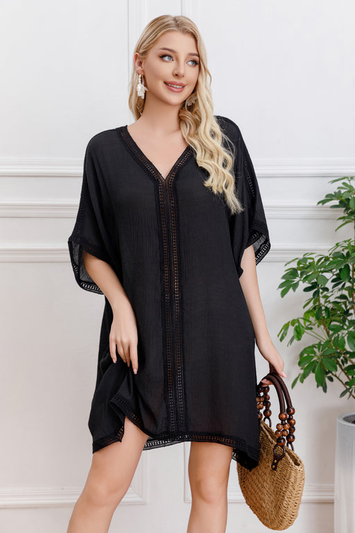 Sun Protection Clothing Beach Cover Up Quick Drying Women Solid Color V neck Beach-Black-Fancey Boutique