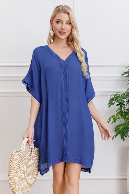 Sun Protection Clothing Beach Cover Up Quick Drying Women Solid Color V neck Beach-Blue-Fancey Boutique