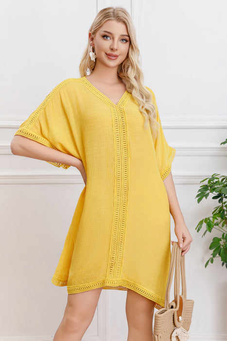 Sun Protection Clothing Beach Cover Up Quick Drying Women Solid Color V neck Beach-Yellow-Fancey Boutique
