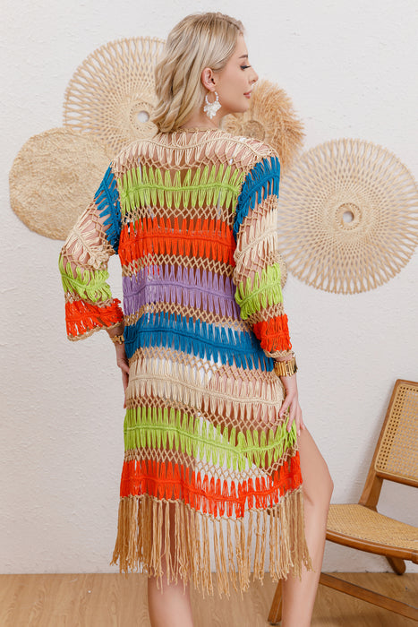 Pure Artificial Hand Crocheting Wool Yarn Sexy Colorful Beach Seaside Beach Cover Up Cardigan-Multi-Fancey Boutique