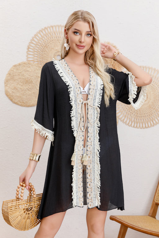 Cotton Long Sleeved Sunscreen Beach Cover Up Sexy Lady Beach Cardigan Dress-Black-Fancey Boutique