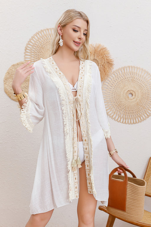 Cotton Long Sleeved Sunscreen Beach Cover Up Sexy Lady Beach Cardigan Dress-White-Fancey Boutique