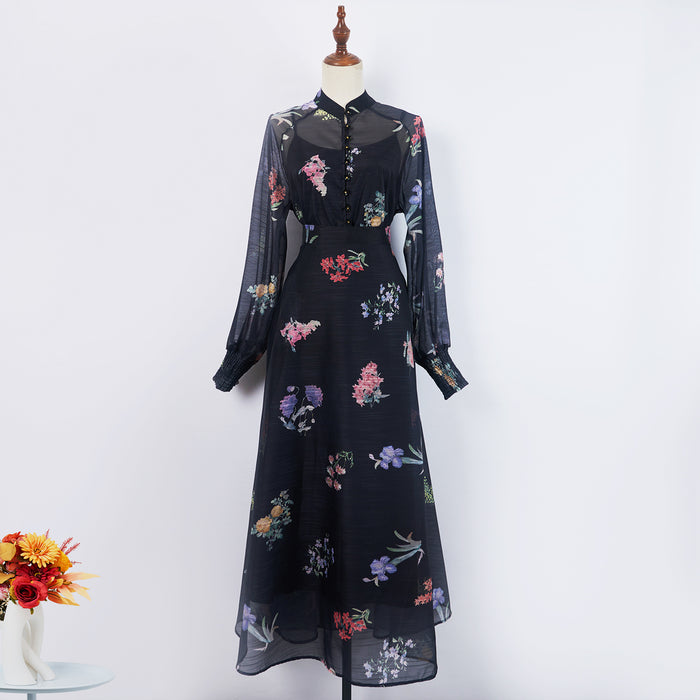 Women Spring Floral Elegant Button Long Skirt Three Piece Set-Black-Fancey Boutique