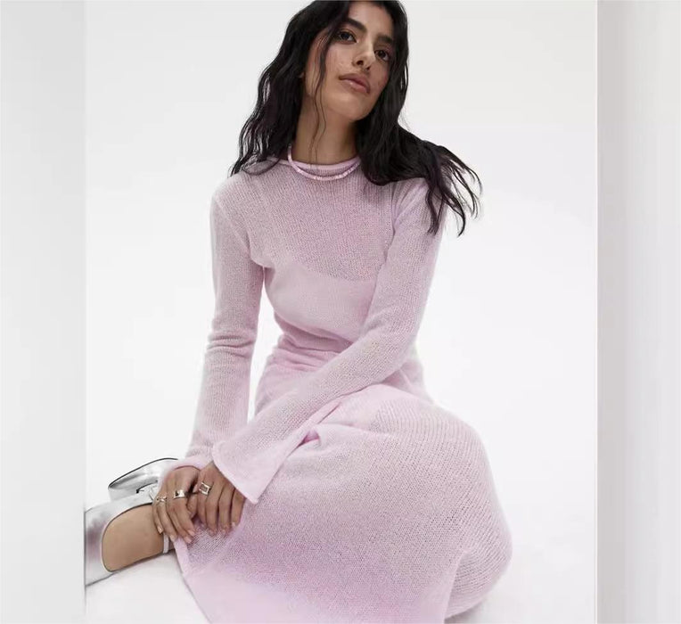 Knitted Hollow Out Cutout Out Dress Vest Dress Set Women Soft Knitted Blouse Vacation-Pink Separate Sweater-Fancey Boutique