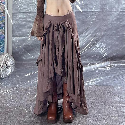 Retro Irregular Asymmetric Wooden Ear Design Long Skirt Women All Matching-Fancey Boutique