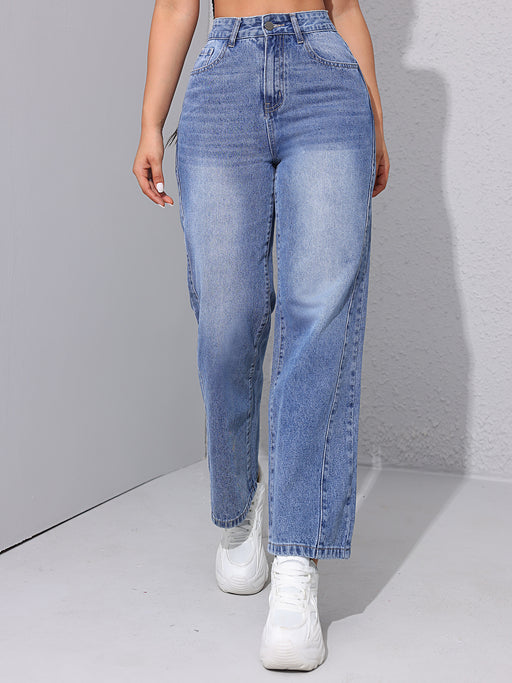 Ladies Straight Jeans Spring Summer High Waist Loose All Matching Slimming Stitching Straight Leg Pants-Blue-Fancey Boutique