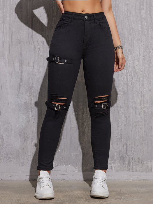 Popular Skinny Jeans Ripped Japanese Buckle Street All Match-Black-Fancey Boutique