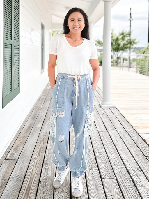 Ladies Spring Summer Jeans Hole Light Washed Lace Pocket Stitching Ankle Tied Trousers-light blue-Fancey Boutique