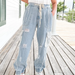 Ladies Spring Summer Jeans Hole Light Washed Lace Pocket Stitching Ankle Tied Trousers-Fancey Boutique