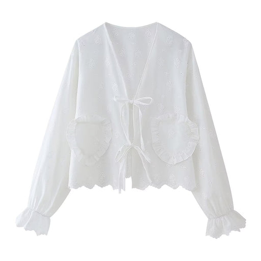 Spring Women Hollow Out Cutout out Embroidery Tie Neck Shirt Long Sleeve Top-White-Fancey Boutique