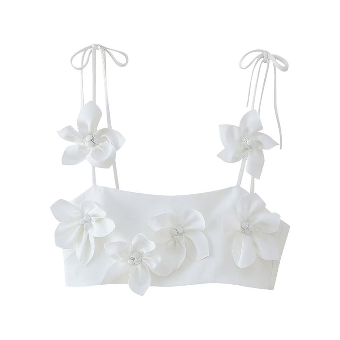 Women Clothing Sexy Lace up Top Super Short Small Sling 3D Floral Decorative Vest-White-Fancey Boutique