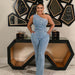 Oblique Shoulder Tight Waist Slim Elastic Wash Denim Jumpsuit Jumpsuit Bell Bottom Pants-Fancey Boutique