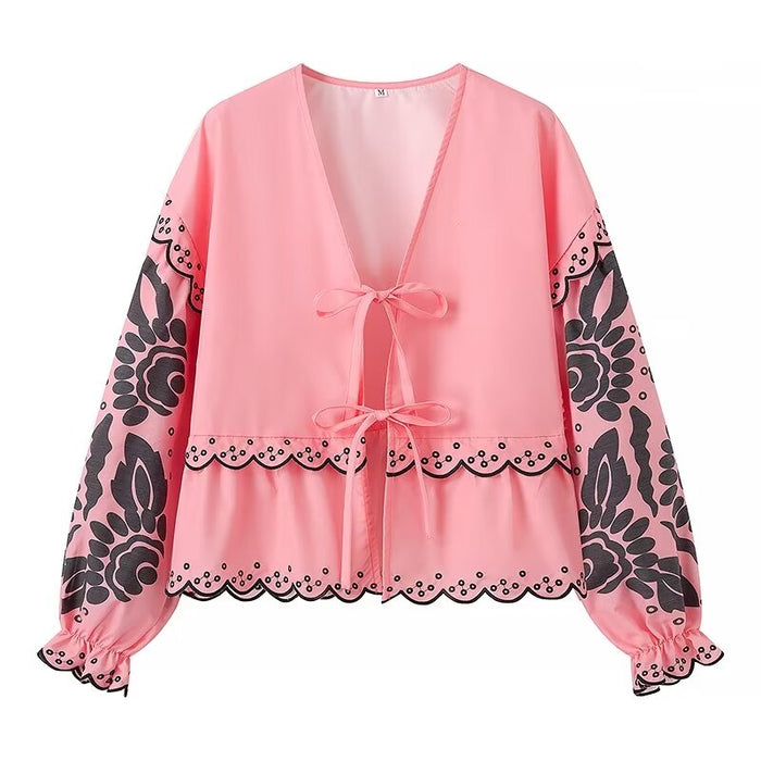 Lace Embroidered Long Sleeved Shirt V Neck Lace Up Loose Personality Hollow Out Cutout Out Cardigan-Pink-Fancey Boutique