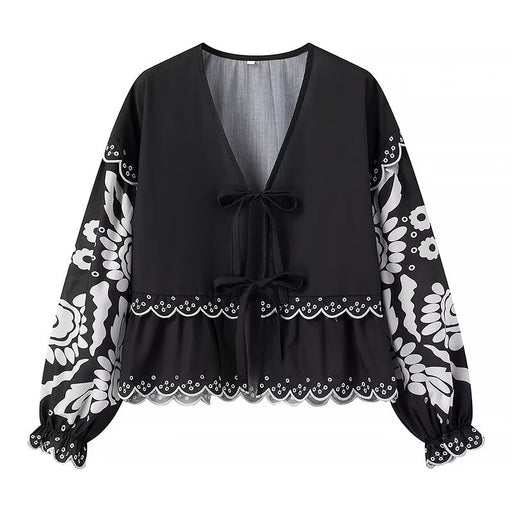 Lace Embroidered Long Sleeved Shirt V Neck Lace Up Loose Personality Hollow Out Cutout Out Cardigan-Black-Fancey Boutique