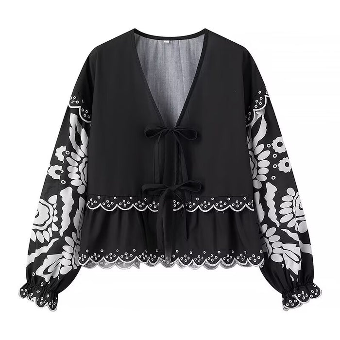 Lace Embroidered Long Sleeved Shirt V Neck Lace Up Loose Personality Hollow Out Cutout Out Cardigan-Black-Fancey Boutique