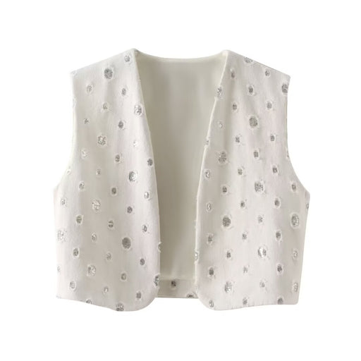 Summer Beads Decoration Cardigan Vest Women Vest Beads Decoration Culottes Suit-White Vest-Fancey Boutique