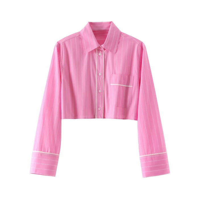 Women Clothing French All Match Striped Short Long Sleeve Shirt Suit-Pink-Fancey Boutique