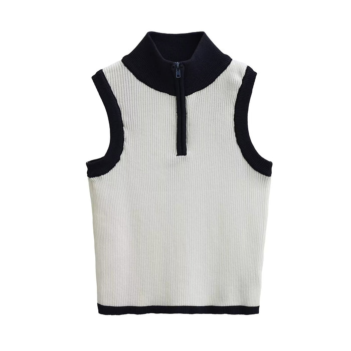 Summer Women Clothing Sexy Slim Fit Contrast Colors Half Zipper Decorations Short Knitted Vest-Ivory-Fancey Boutique