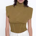 Summer With Padded Shoulder Women Turtleneck Sleeveless Skinny Knitted Top-Fancey Boutique