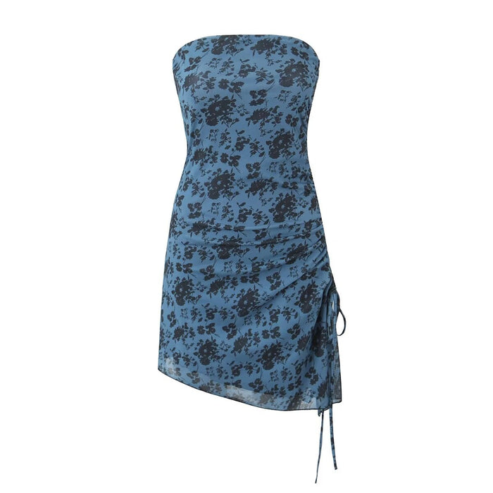 Women Pleated Sexy Mesh Floral Print Dress-Navy Blue-Fancey Boutique
