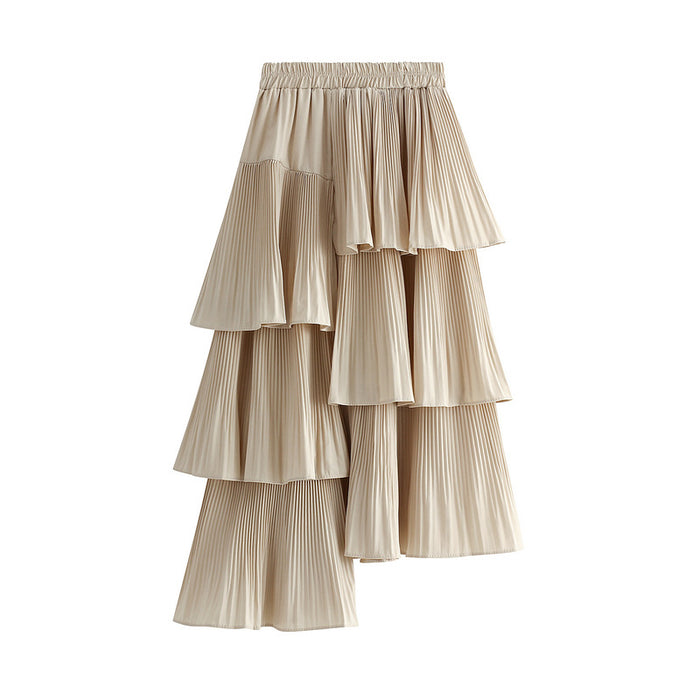 Color-Apricot-Autumn Winter Korean Asymmetric Pleated Tiered Skirt Women AllMatch Mid Length Ruffled Irregular Asymmetric Skirt-Fancey Boutique