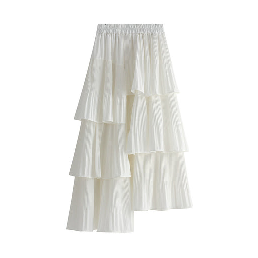 Color-White-Autumn Winter Korean Asymmetric Pleated Tiered Skirt Women AllMatch Mid Length Ruffled Irregular Asymmetric Skirt-Fancey Boutique