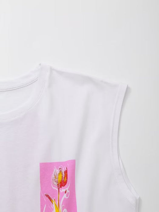 Summer Women Clothing Stylish Simple round Neck Sleeveless Printed T shirt-Fancey Boutique