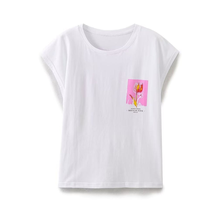 Summer Women Clothing Stylish Simple round Neck Sleeveless Printed T shirt-White-Fancey Boutique