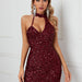 Women Prom Evening Dress Sequined Halter Sleeveless Sexy Hip Wrapped Short Party Dress-Burgundy-Fancey Boutique
