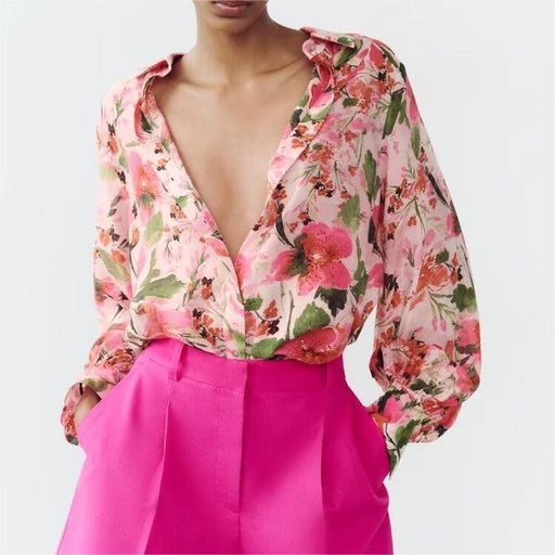 Spring Printed Silk Satin Texture Drape Shirt Women-Fancey Boutique