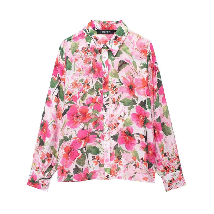 Spring Printed Silk Satin Texture Drape Shirt Women-Multi-Fancey Boutique