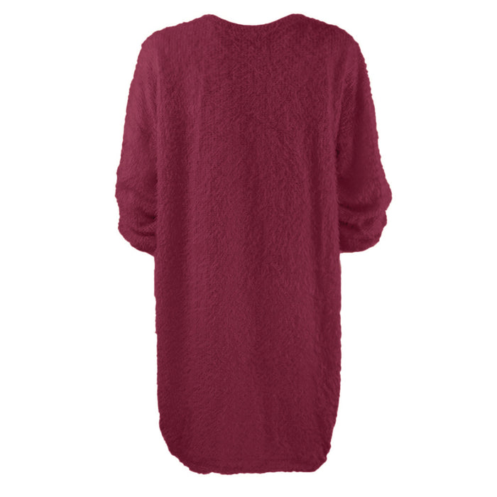 Color-Jujube Red-Autumn Winter Women Clothes Mid Length Long Sleeve Round Neck Loose Plush Dress-Fancey Boutique