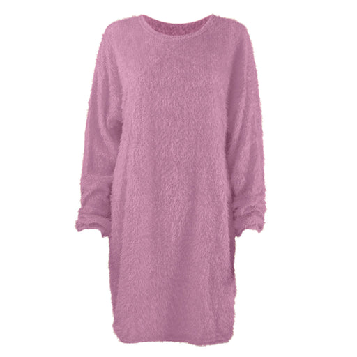 Color-Lavender-Autumn Winter Women Clothes Mid Length Long Sleeve Round Neck Loose Plush Dress-Fancey Boutique