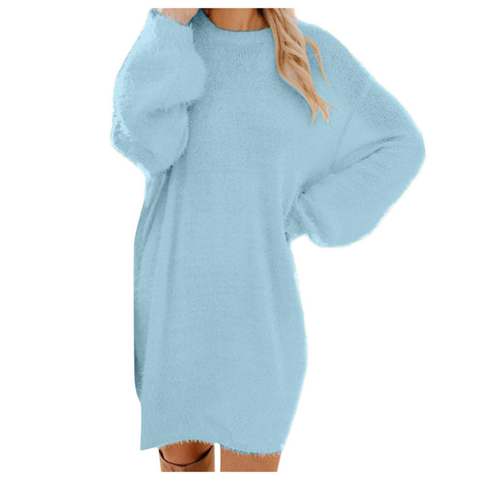 Color-Hole Blue-Autumn Winter Women Clothes Mid Length Long Sleeve Round Neck Loose Plush Dress-Fancey Boutique