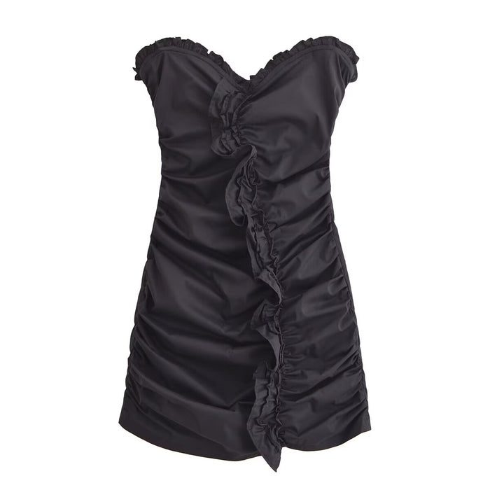Spring Women Slim Fit Pleated Decoration Mini Dress-Black-Fancey Boutique