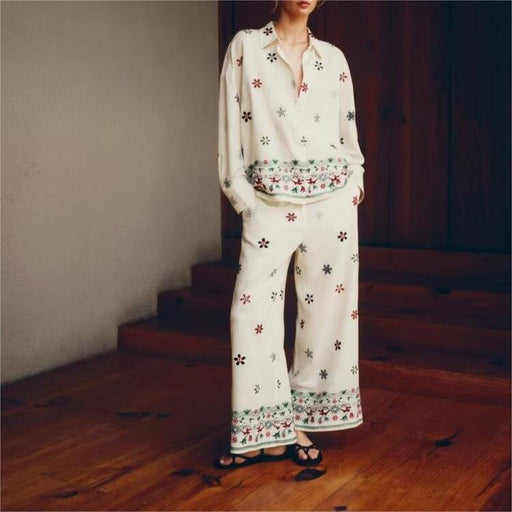 Women Clothing Summer Floral Embroidered Shirt Embroidered Culottes Suit-Fancey Boutique