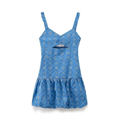 Summer Women Clothes Open Design Hollow Out Cutout Embroidery Puff Short Sling Dress-Bright Blue-Fancey Boutique