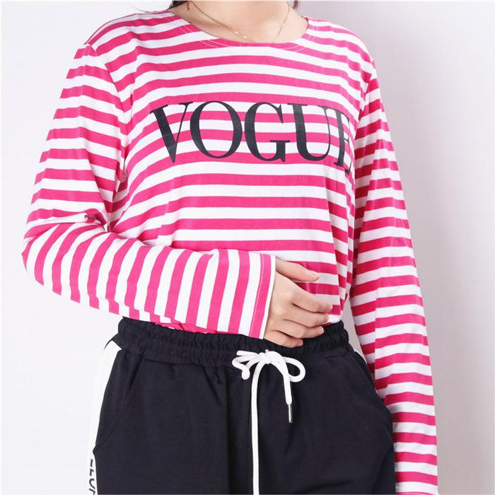 Spring Summer Printed Striped Cotton Long Sleeved T Shirt Women Soft Loose Top Vogue-Fancey Boutique